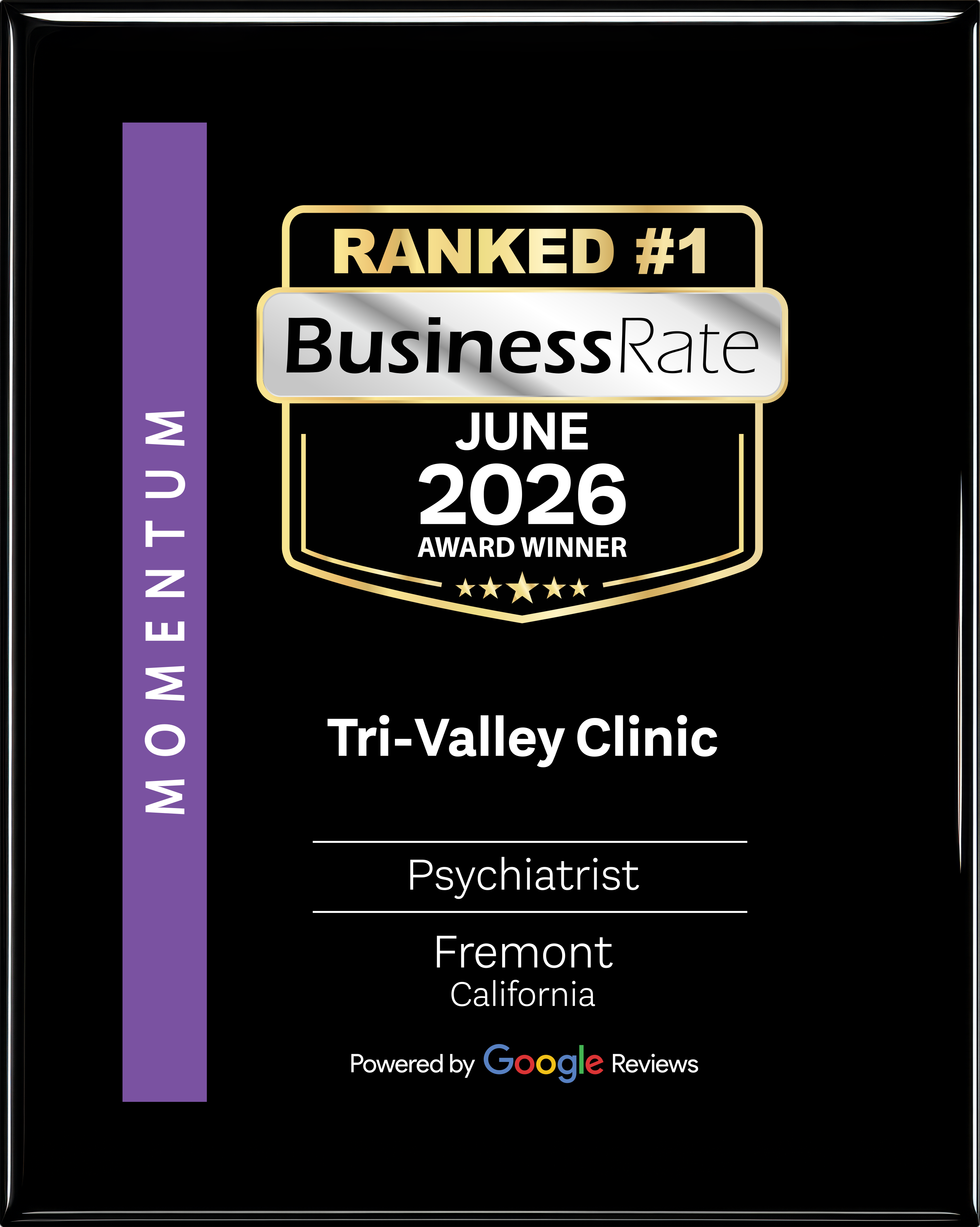 BusinessRate June 2026 award plaque for Tri-Valley Clinic, Fremont, California